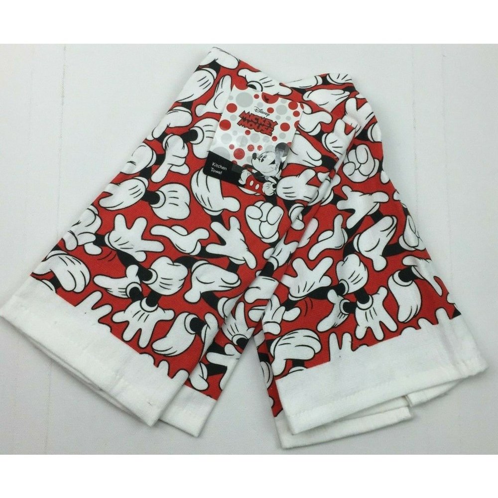Disney Mickey Mouse Set 2 Kitchen Dish Tea Towel Red White Hands Gloves